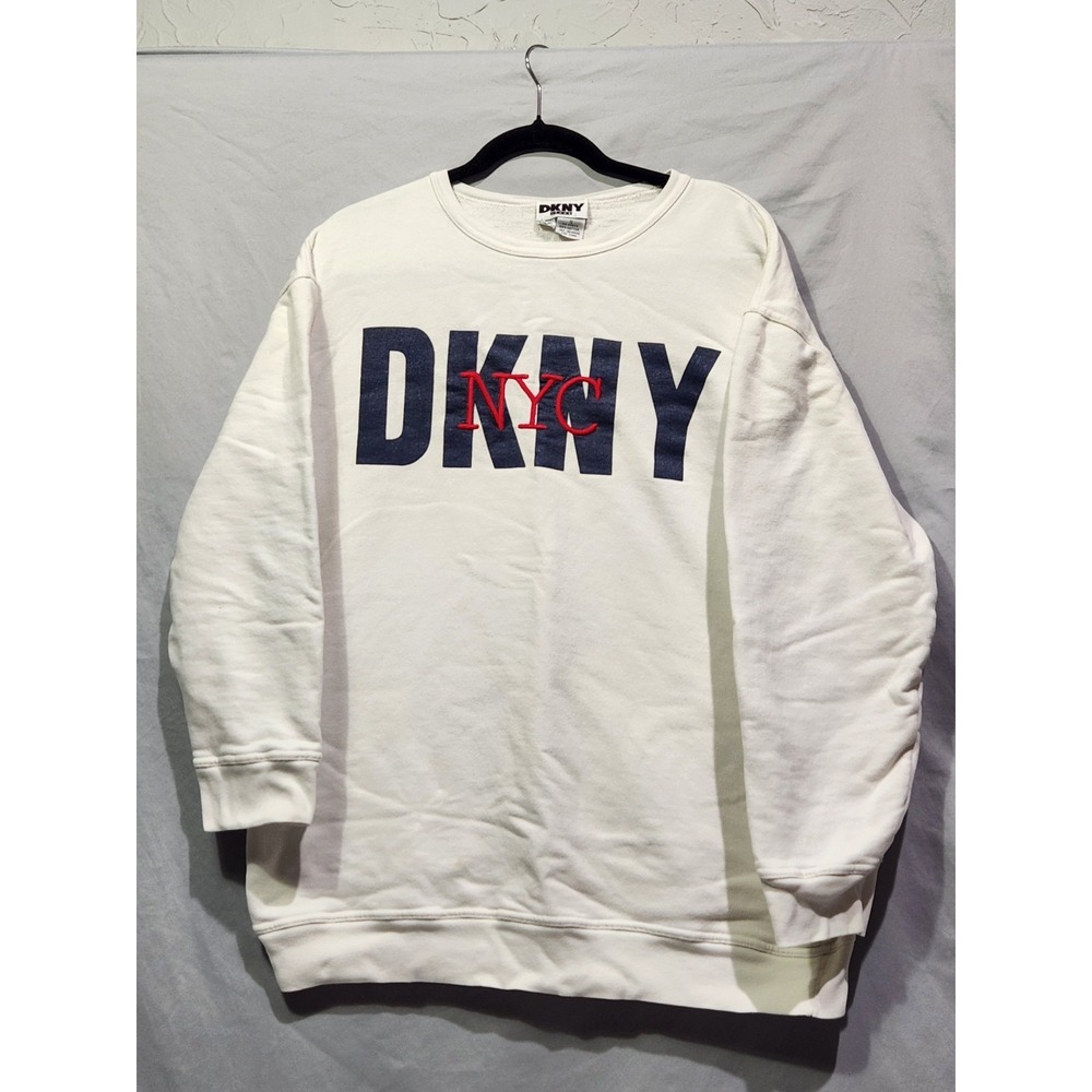 DKNY NYC Embroidered Logo Sweatshirt‎ SMALL White Crewneck Long Sleeve Pullover